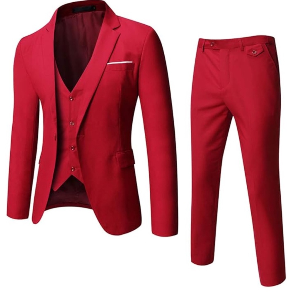 NWT WULFUL Men’s Slim Fit Suit One Button 3-Piece Suit Red